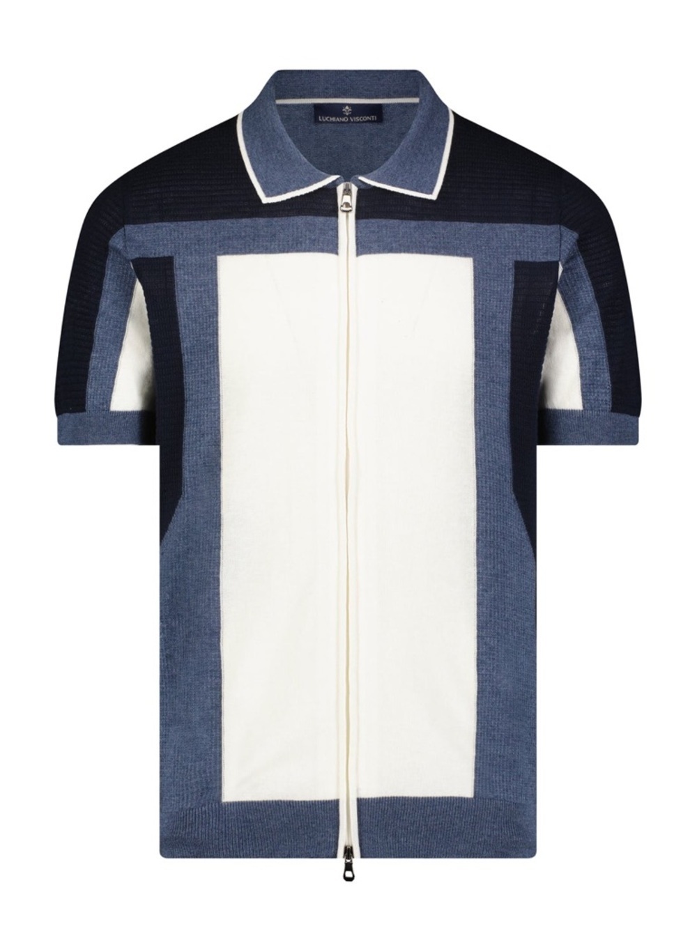 NWT Men’s Luciano Visconti Sz XL Two-way Zip Polo Sweater in Melange Indigo
